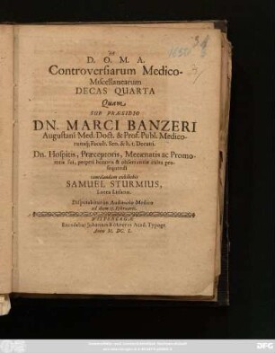 Controversiarum Medico-Miscellanearum Decas Quarta
