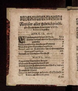 Register aller gedenckwürdigen Geschichten/ so in dieser XXVI. Relation begriffen