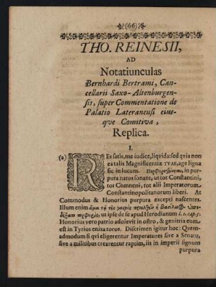 Tho. Reinesii, Ad Notatiunculas Bernhardi Bertrami [...] Replica.