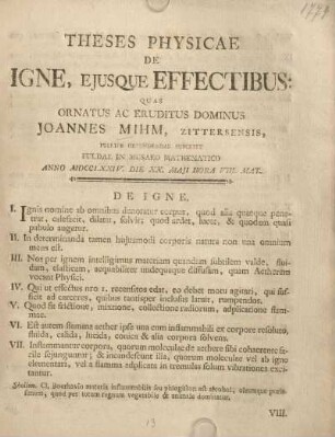 Theses physicae de igne, ejusque effectibus.