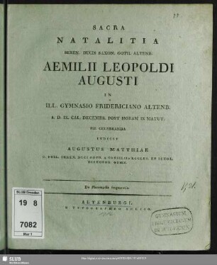1814: Sacra natalitia seren. ducis Saxon. Goth. Altenb. Friderici IV in ill. Gymnasio Fridericiano Altenb. ... pie celebranda indicit