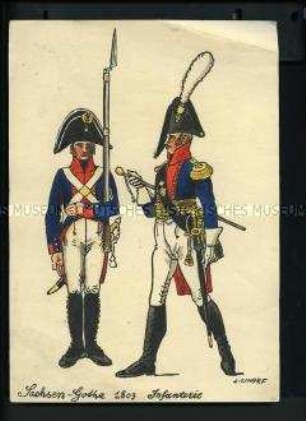 Uniformdarstellung, Offizier und Soldat des Infanterie-Regiments Sachsen-Gotha, Sachsen 1809. Aus: Scharf: "Buntes Tuch".