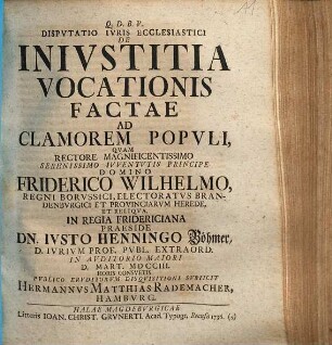 Dispvtatio Ivris Ecclesiastici De Inivstitia Vocationis Factae Ad Clamorem Popvli