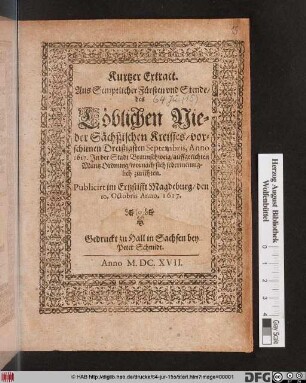 Kurtzer Extract. Aus Semptlicher Fürsten und Stende/ des Löblichen Nieder Sächßischen Kreisses/ vorschienen Dreißigsten Septembris, Anno 1617. In der Stadt Braunschweig