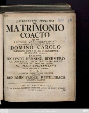 Dissertatio Ivridica De Matrimonio Coacto