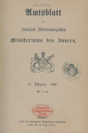 19.1889: Amtsblatt des Württembergischen Ministeriums des Innern