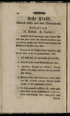 Erste Classe. Scharfe Gifte aus dem Mineralreich.