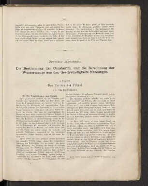 Zweiter Abschnitt. Die Bestimmung der Constanten und die Berechnung der Wassermenge aus den Geschwindigkeits-Messungen.