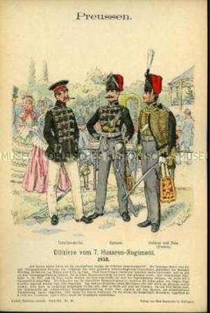 Uniformdarstellung, Offiziere des 7. Husaren-Regiments, im Hintergrund Bürger und Damen, Königreich Preußen, 1853.