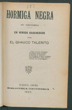 Hormiga Negra : su historia en versos gauchescos