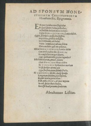 Ad Sponsum Honestissimum Christophorum Hanisium &c. Epigramma.