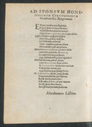 Ad Sponsum Honestissimum Christophorum Hanisium &c. Epigramma.