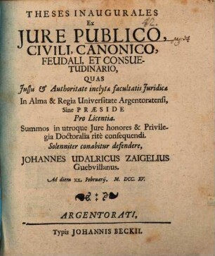 Theses inaugurales ex jure publico, civili, canonico, feudali et consuetudinario