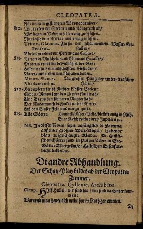Di andre Abhandlung. Der Schau-Platz bildet ab der Cleopatra Zimmer.