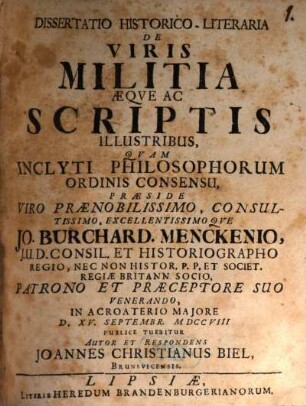 Diss. hist. lit. de viris militia aeque ac scriptis illustribus