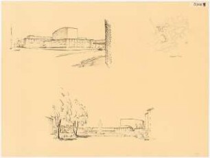 Stadttheater, Gelsenkirchen: (Lichtpause von Inv.Nr. 35916): Perspektivische Ansicht vom Garten und von der Straße