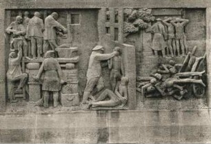 Weimar. Nationale Gedenkstätte Buchenwald auf dem Ettersberg. "Massenvernichtung" (W. Grzimek), 4. Relief des Stelenweges. Kalkstein; 200 x 400 cm