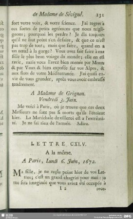 Lettre CXLV. A la même. A Paris, Lundi 6. Juin, 1672