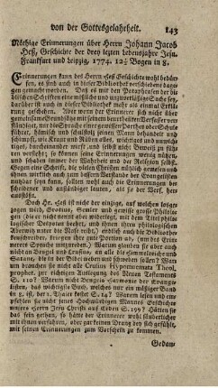 Nöthige Erinnerungen über Herrn Johann Jacob Heß Geschichte der drey letzten Lebensjahre Jesu.