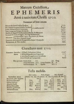 Motuum Coelestium Ephemeris Anni a nativitate Christi 1702