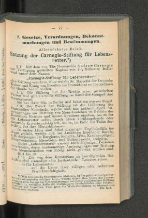Satzung der Carnegie-Stiftung für Lebens-retter. *)