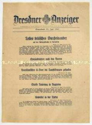 Nachrichtenblatt "Dresdner Anzeiger" u.a. mit Meldungen zum Kriegsschauplatz Nordafrika