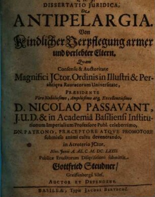 Dissertatio Juridica De Antipelargia : = Von Kindlicher Verpflegung Armer und Verlebter Eltern