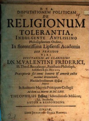 Disputationem politicam de religionum tolerantia