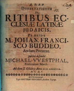 Diss. ... de ritibus ecclesiae Latinae Judaicis, Prior