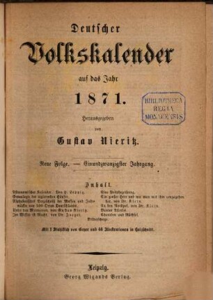 Deutscher Volkskalender. 1871 = N.F. 21