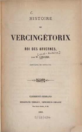 Histoire de Vercingétorix, roi des Arvernes