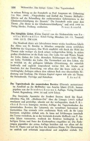 506-507 [Rezension] Das Tagzeitenbuch des monastischen Breviers (Diurnale monasticum) im Anschluß an die Meßbücher von Anselm Schott