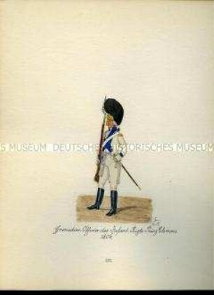 Uniformdarstellung, Grenadier-Offizier des Infanterie-Regiments "Prinz Clemens", 1806. Aus: Sammelmappe "Sachsens Militär", Königliche Arsenalsammlung.