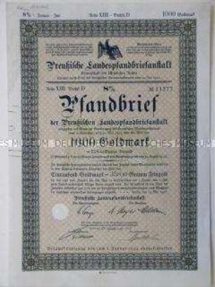Pfandbrief der preußischen Landespfandbriefanstalt über 1000 Mark mit Erneuerungsschein und Zinsscheinen