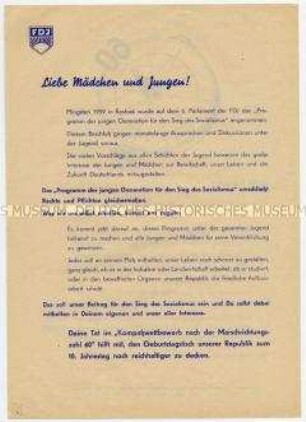Flugblatt mit Aufruf an die Jugend zu Aktivitäten im "Kompasswettbewerb nach der Marschrichtungszahl 60" in Vorbereitung des 10. Jahrestages der DDR-Gründung