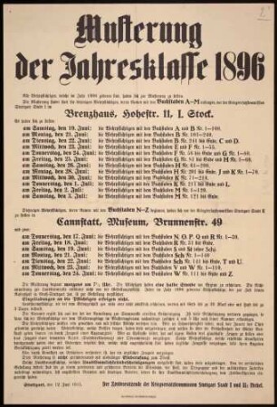 "Musterung der Jahresklasse 1896." Bekanntgabe der Musterungstermine und -bestimmungen
