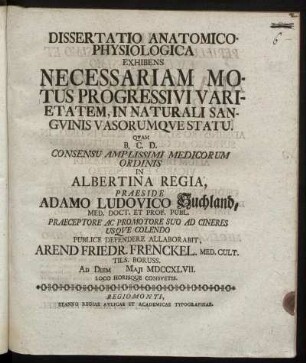 Dissertatio Anatomico-Physiologica Exhibens Necessariam Motus Progressivi Varietatem, In Naturali Sanguinis Vasorumque Statu