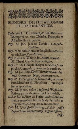 Elenchus Disputationum Et Respondentium.