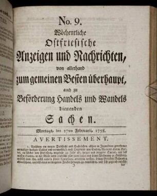 No. 9. Montags, den 27ten Februarii, 1758.