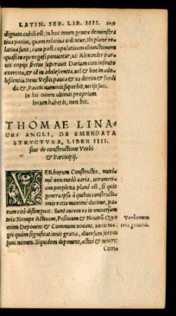 Thomae Linacri Angli, De Emendata Structura, Liber IIII. sive de constructione Verbi et Participii.