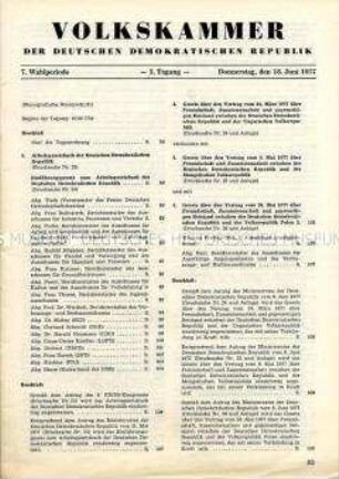 Materialien der Volkskammer zur 5. Tagung 1977 mit der Diskussion um das Arbeitsgesetzbuch und der Annahme mehrerer Staatsverträge