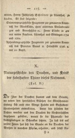X. Naturgeschichte des Drachen, und Kritik der fabelhaften Thiere dieses Nahmens. (Taf. II.)