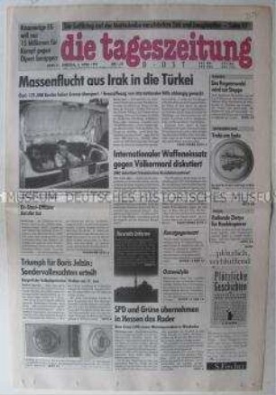Fragment der Ost-Ausgabe der "tageszeitung" u.a. zur Massenflucht von Kurden aus dem Irak