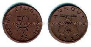 Porzellan-Notmünze (Böttgersteinzeug) von Henry Seligmann im Wert von 50 Pfennig