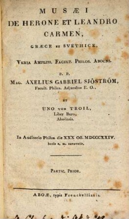 Musaei De Herone et Leandro carmen : pars prior et posterior