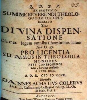 De divina dispensatione circa legem omnibus hominibus latam Heb. IX, 27