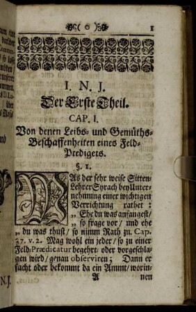 Cap. I. Von denen Leibes- und Gemüths-Beschaffenheiten eines Feld-Predigers. - Cap. V. Vom Beicht-Hören.