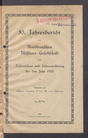 85.1920: Jahresbericht der Norddeutschen Missions-Gesellschaft