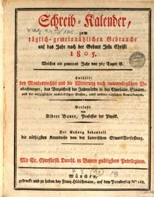 Schreib-Kalender zum täglich-gemeinnützlichen Gebrauche. 1805