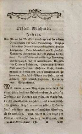 Unterhaltungen über den Menschen, Zweyter Theil. [Von seinem Körper und dessen Theilen und ihren Functionen insbesondere]